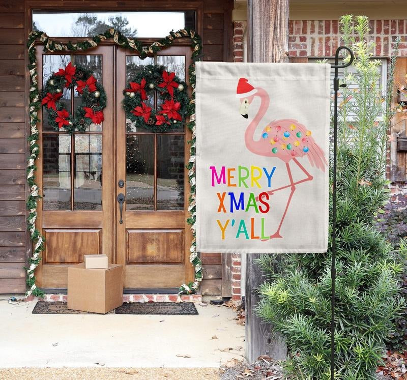 Merry Xmas Y'All Flamingo, Christmas Garden Flag, Festive Winter Outdoor Decor T-Shirts, Hoodie, Sweatshirt | WearSparks.com