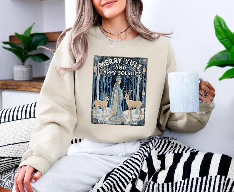 Merry Yule And Happy Solstice Sweatshirt, Yule Holiday Sweatshirt, Winter Solstice Shirt, Solstice Christmas Shirt,...