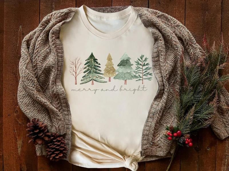Merry and Bright Trees, Women's Christmas Shirt, Womans Holiday Shirt,Christmas Gift,Chic Winter Shirt,Cute Holiday...