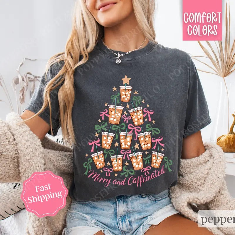 Merry and Caffeinated Shirt, Coffee Lover Christmas Tee, Women's Holiday Tshirt Hoodie, Sweatshirt | WearSparks.com