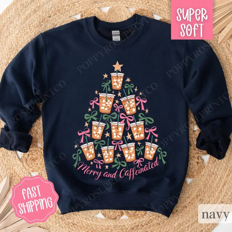 Merry and Caffeinated Sweatshirt, Coffee Lover Christmas Crewneck, Women's Holiday Sweater T-Shirts, Hoodie | WearSparks.com