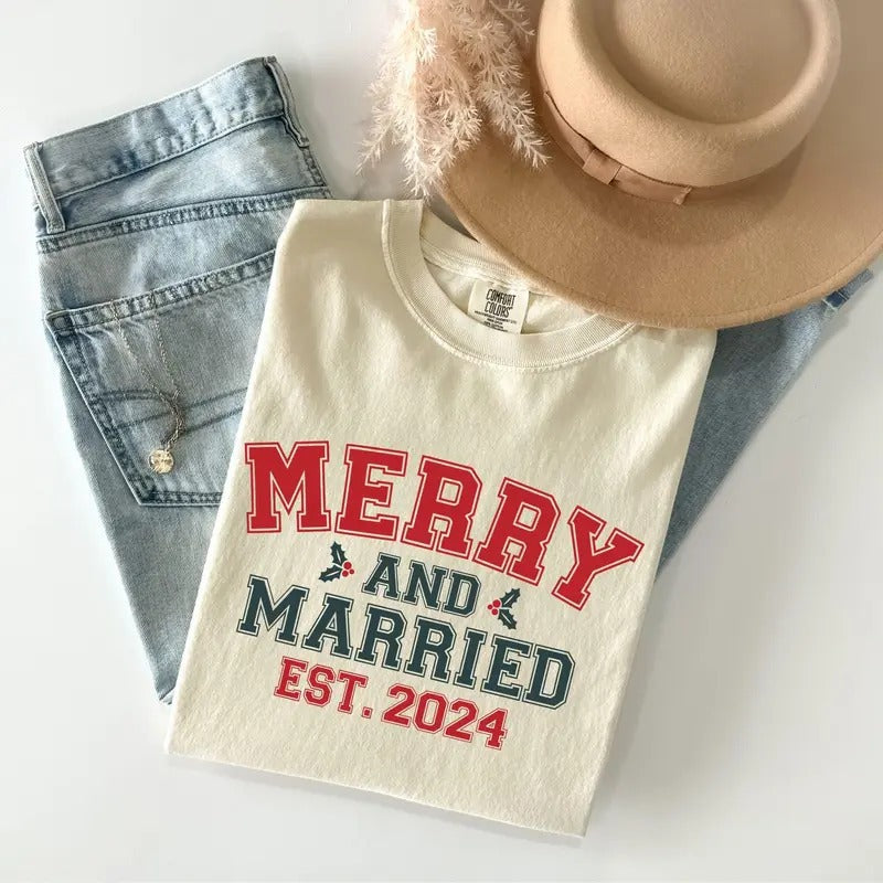 Merry and Married Comfort Colors T-shirt, Christmas Bride Shirt, Engagement Shirt, Couples Christmas T-Shirt Hoodie,...
