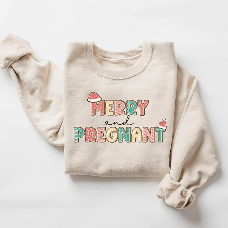 Merry and Pregnant Sweatshirt, Christmas Pregnancy Announcement Sweatshirt, New Mom, Pregnancy Reveal Christmas Sweater,...