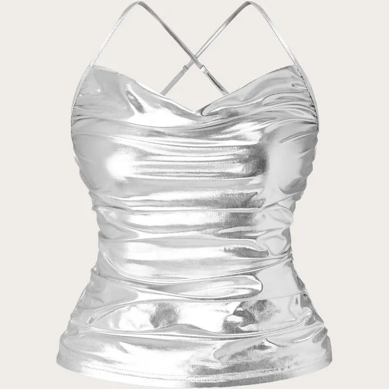Metallic Fabric Cross Back Camisole TopY2K T-Shirts, Hoodie, Sweatshirt | WearSparks.com