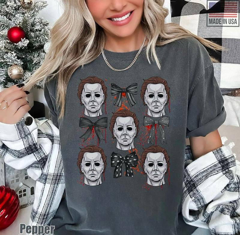 Michael Myers Coquette Halloween Shirt, Scream Horror Movie Sweater, Horror Halloween Coquette Bow Sweatshirt, Scary Film...