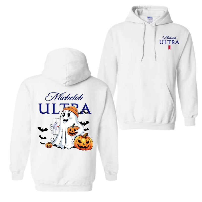 Michelob Ultra Ghost Cute Halloween 2 Sided Hoodie T-Shirt, For Men And Women, Halloween Cute Ghost Trendy Hoodie Sweatshirt