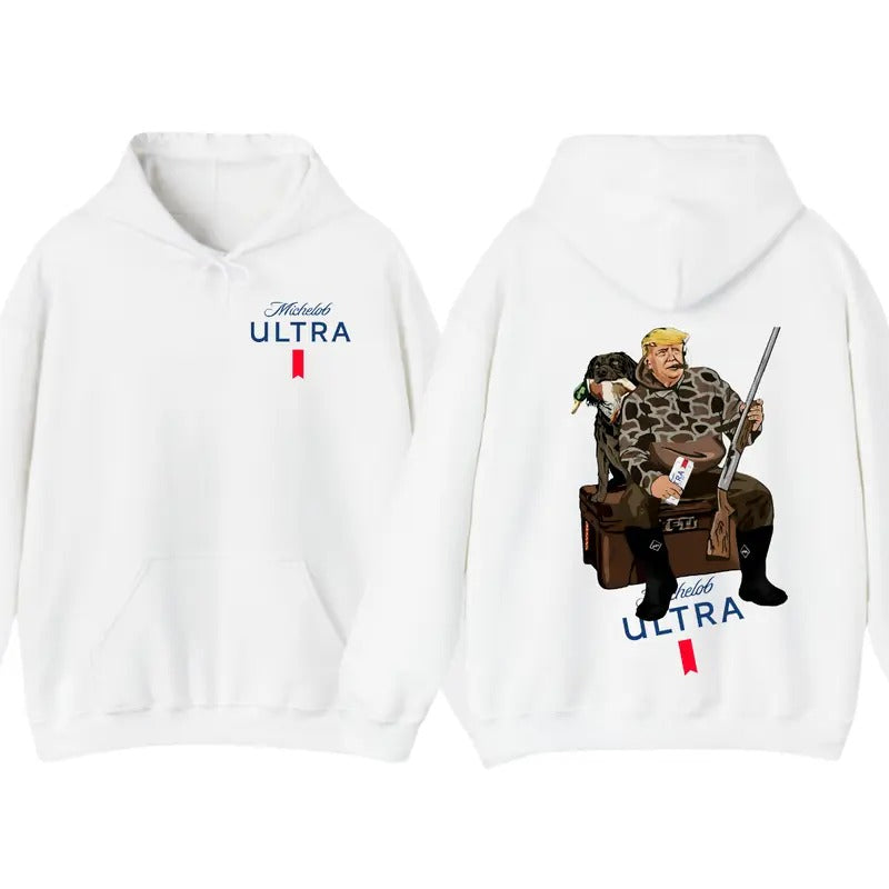 Michelob Ultra Trump Duck Hunting 2 Sided Hoodie Sweatshirt T-Shirt, Trump and Your Hunt Dog, Hunting Season, Lover Beer...
