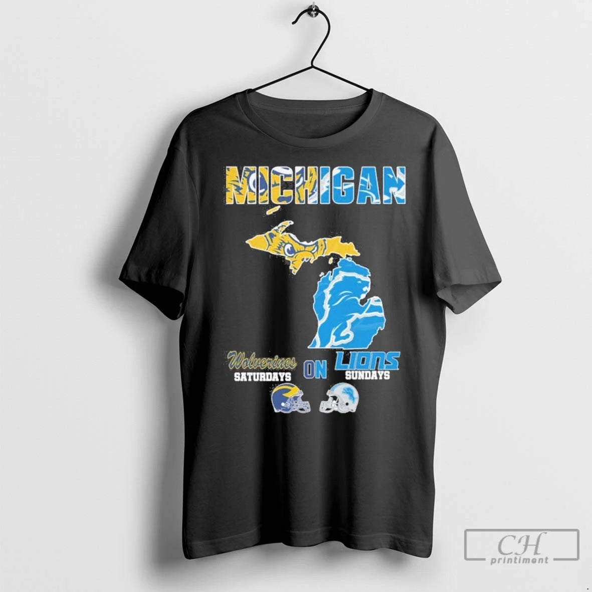 Michigan Map With Wolverines And Lions T Shirts