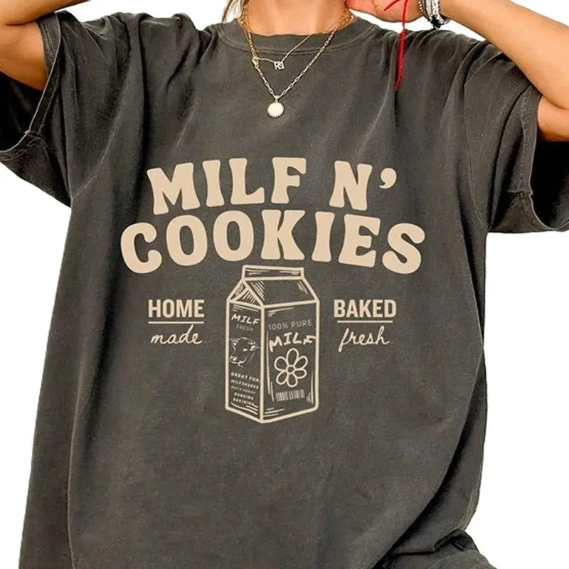 Milf n cookies Shirt stay at home milf T-shirt, Vintage 90s style top clothing, Unisex graphic Streetwear shirts Hoodie,...