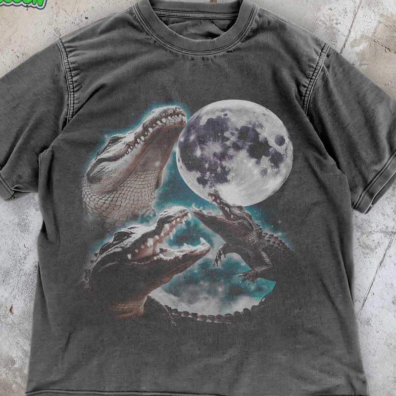 [ Mineral Wash ] Alligator Y2K Moon Washed, Celestial Vintage Graphic Tee , Retro Sandal Shoesodile Shirt , Moonlight...