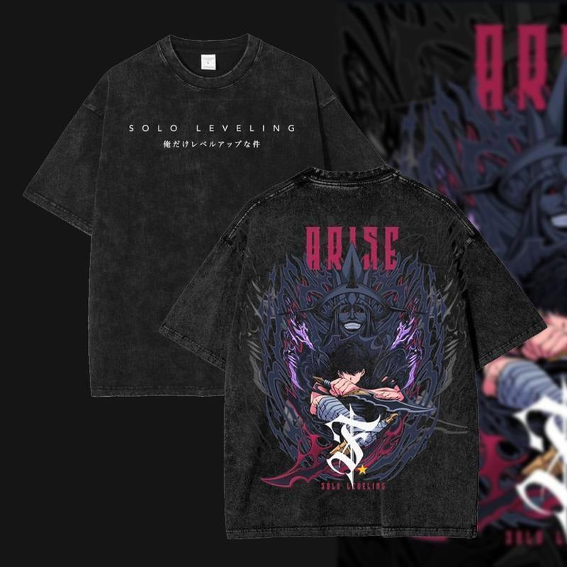 [ Mineral Wash ] Edition Solo Leveling Sung Woo Jin Anime Double Printed Oversize Lightweight Washed Tee, Gift For Anime...