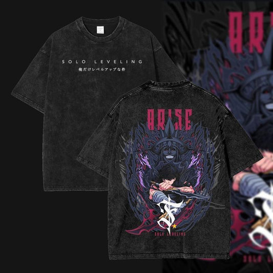 [ Mineral Wash ] Edition Solo Leveling Sung Woo Jin Anime Double Printed Oversize Lightweight Washed Tee, Gift For Anime...