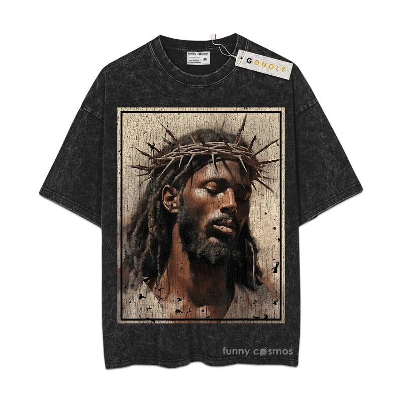 [ Mineral Wash ] Face Of Jesus Cross With Crown Of Thorns TShirt Faith, Religious, Christian Washed Oversized Shirt...