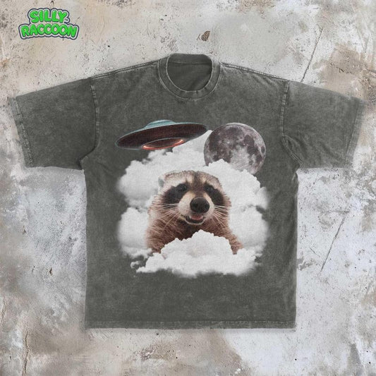 [ Mineral Wash ] Funny Raccoon Selfie TShirt , Retro Ufo Space Graphic Tee , Retro Trash Panda Tee , Absurd Meme Shirt ,...