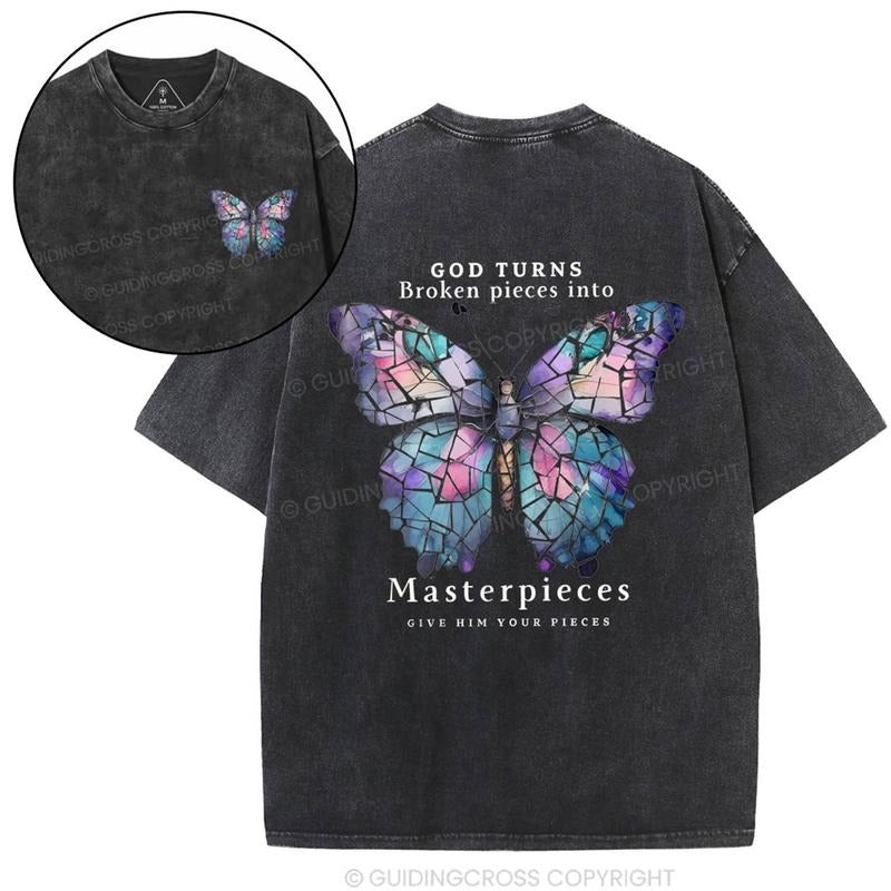[ Mineral Wash ] God Turns Broken Pieces Into Masterpieces Butterfly Chirstian Washed TShirt Jesus Graphic Washed Style...