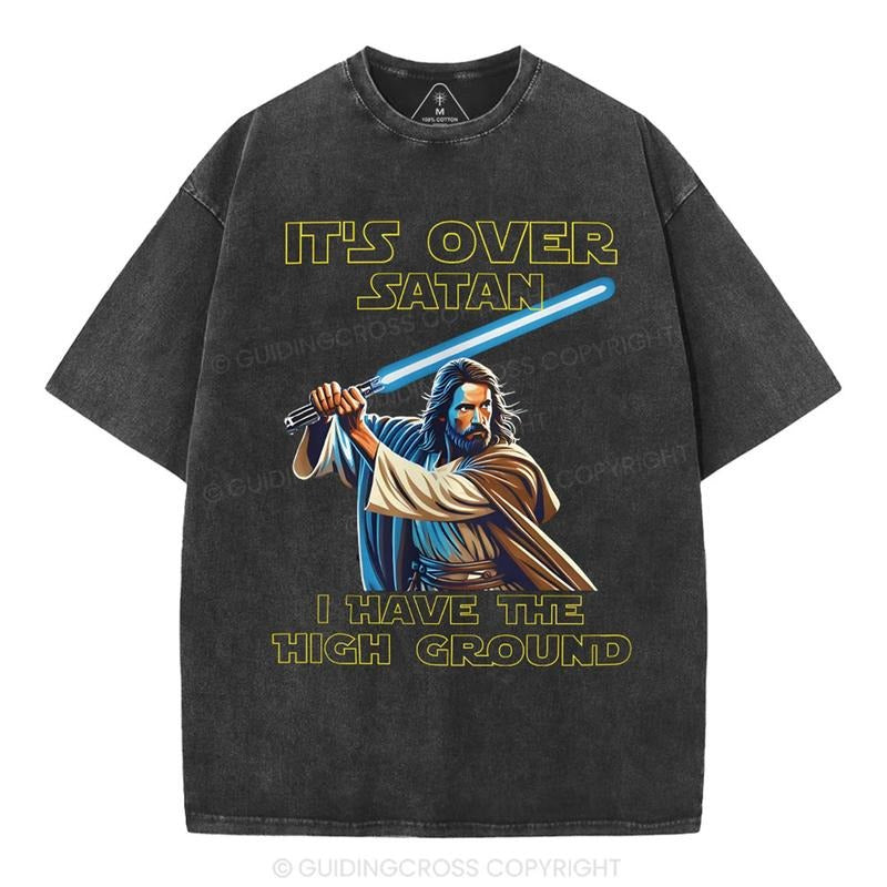[ Mineral Wash ] It's Over Satan Chrsitian Washed Shirt Jesus Graphic Washed Style Shirt Hoodie, Sweatshirt | WearSparks.com