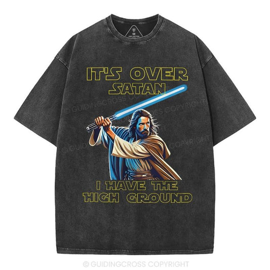 [ Mineral Wash ] It's Over Satan Chrsitian Washed Shirt Jesus Graphic Washed Style Shirt Hoodie, Sweatshirt | WearSparks.com