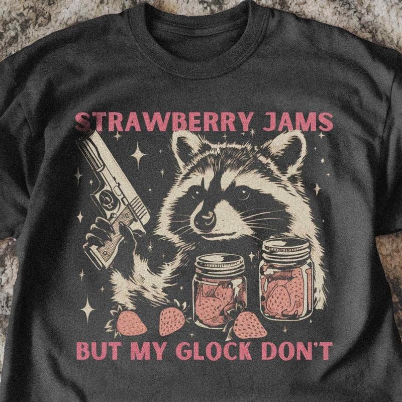[ Mineral Wash ] Vintage Strawberry Jams Raccoon TShirt , Retro Trash Panda Tee , Funny Animal Pun Shirt , Raccon Meme...