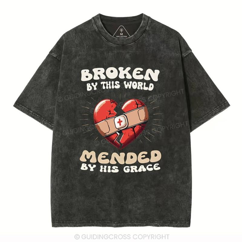 [Mineral Wash Shirt] Broken By This World Christian Washed Shirt Jesus Graphic Style Shirt Casual Crewneck Hoodie, Sweatshirt