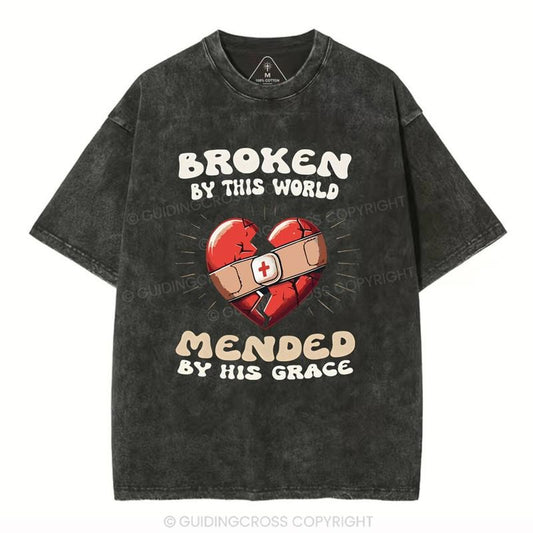 [Mineral Wash Shirt] Broken By This World Christian Washed Shirt Jesus Graphic Style Shirt Casual Crewneck Hoodie, Sweatshirt