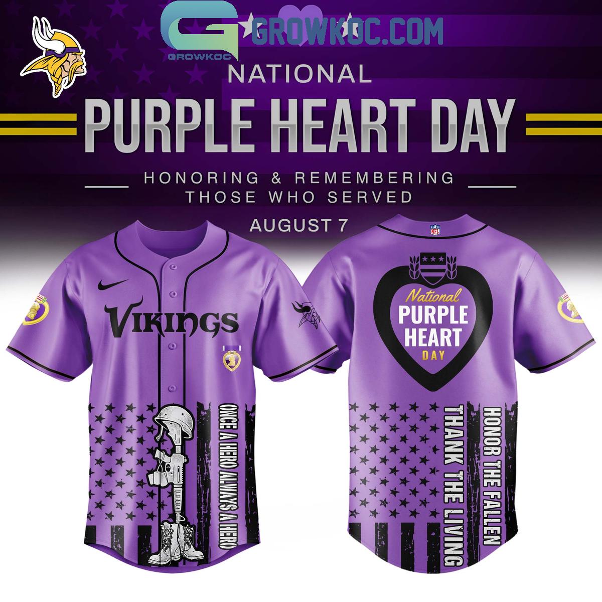 Minnesota Vikings Purple Heart Day 2025 Baseball Jersey