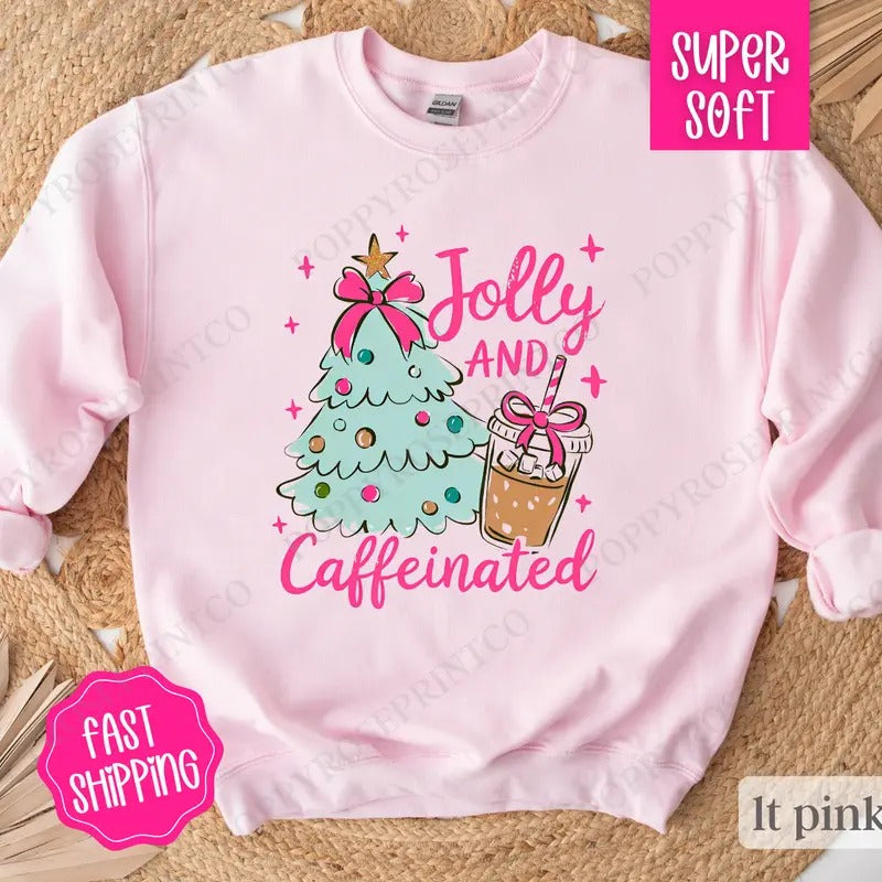 Mint Jolly and Caffeinated Sweatshirt, Preppy Christmas Crewneck,  Womens Holiday Sweater T-Shirts, Hoodie | WearSparks.com