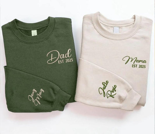 Mom and Dad Matching Embroidered Sweatshirts, Personalized Mama & Dad Shirt, Custom Kids Names on Sleeve Hoodie, Mothers...
