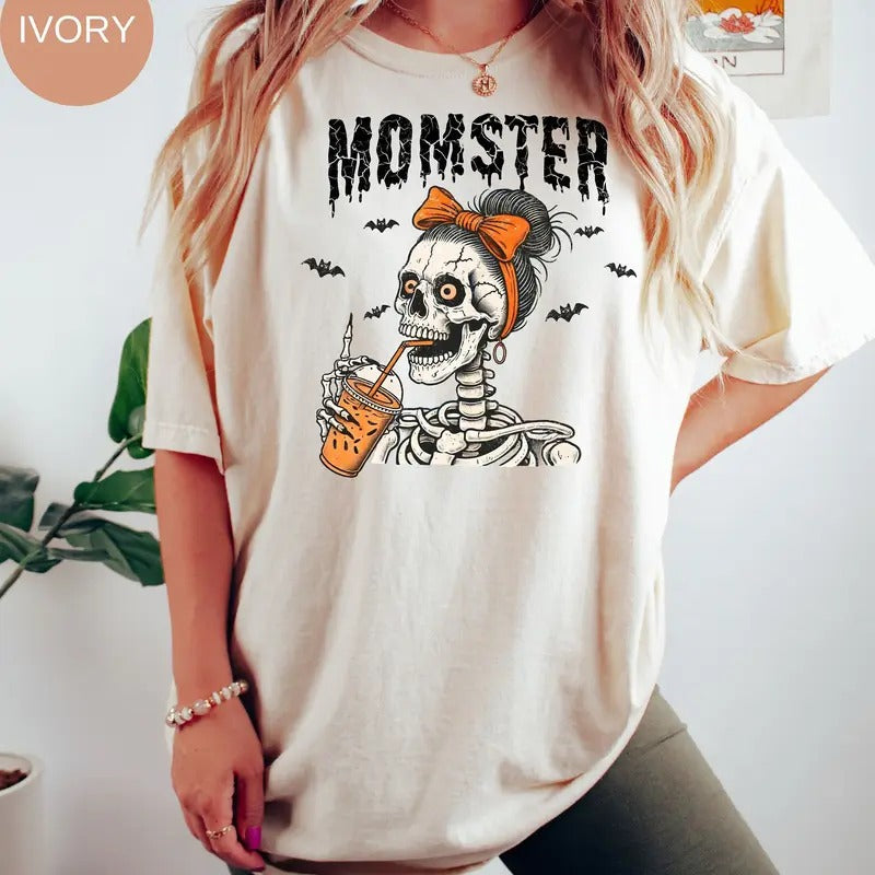 Momster Skeleton Mom Halloween Comfort Color T-shirt Funny Mama Halloween Shirt Mom Spooky Season CoffeeCotton Polyester...