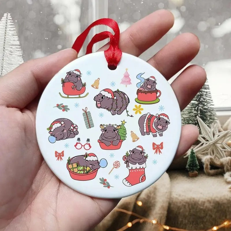 Moo Deng Christmas Ornament - Cute Hippo Christmas Tree Decor - Funny Baby Pygmy Hippo Gifts - Acrylic and Ribbon...