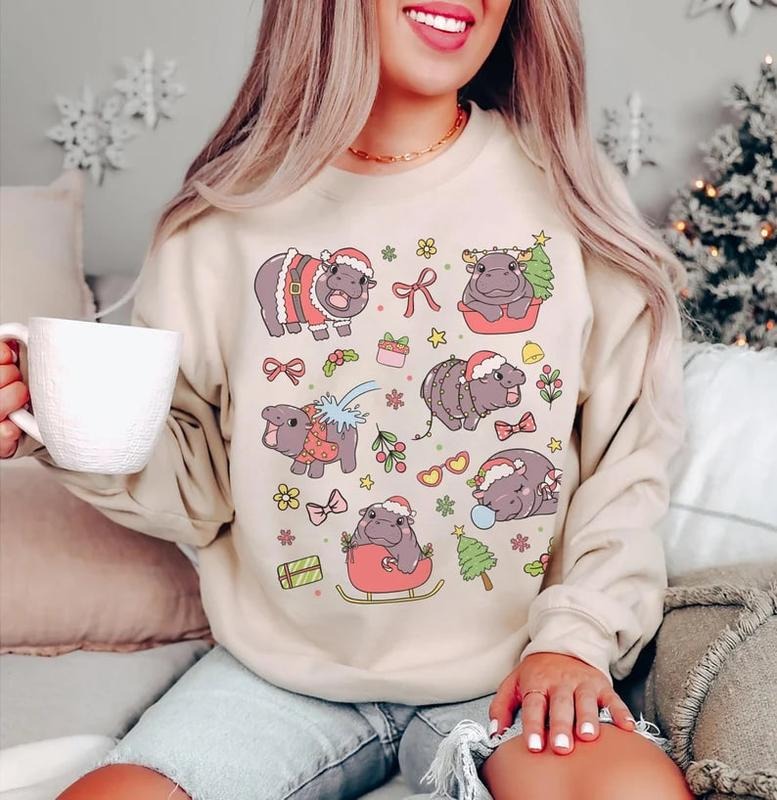 Moo Deng Christmas Sweatshirt, Moo Deng Merch, Cute Moo Deng Hippo Plus Size Christmas Sweater, Coquette Clothes Funny...
