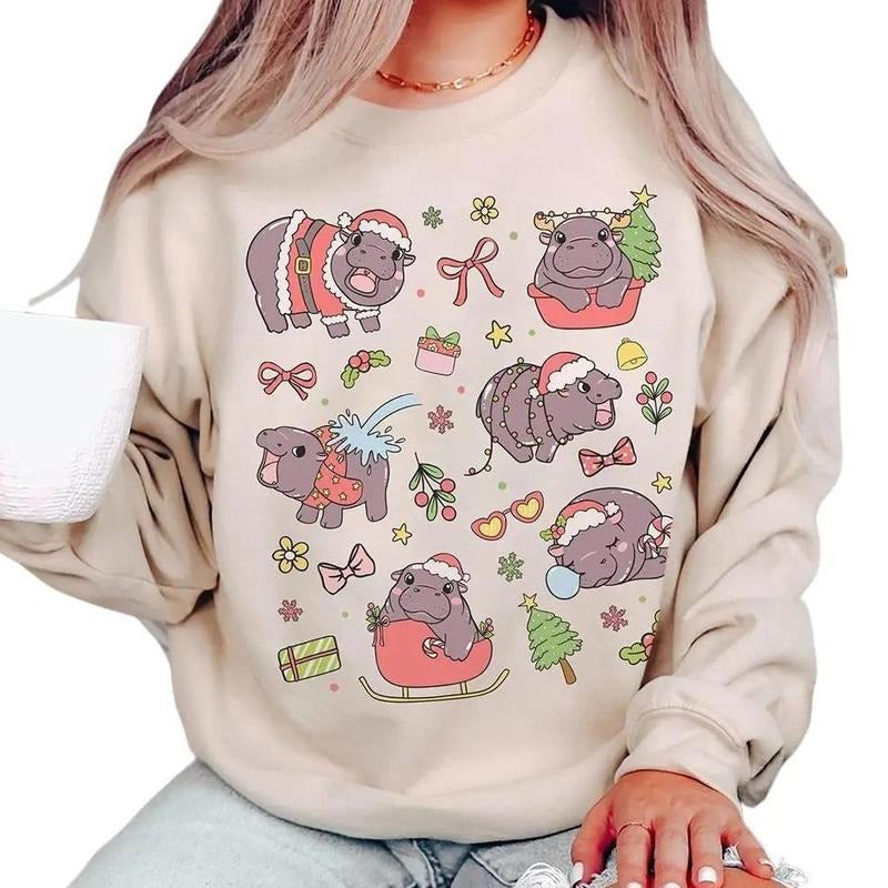 Moo Deng Christmas Sweatshirt, Moo Deng Merch, Cute Moo Deng Hippo Plus Size Christmas Sweater, Coquette Clothes, Funny...