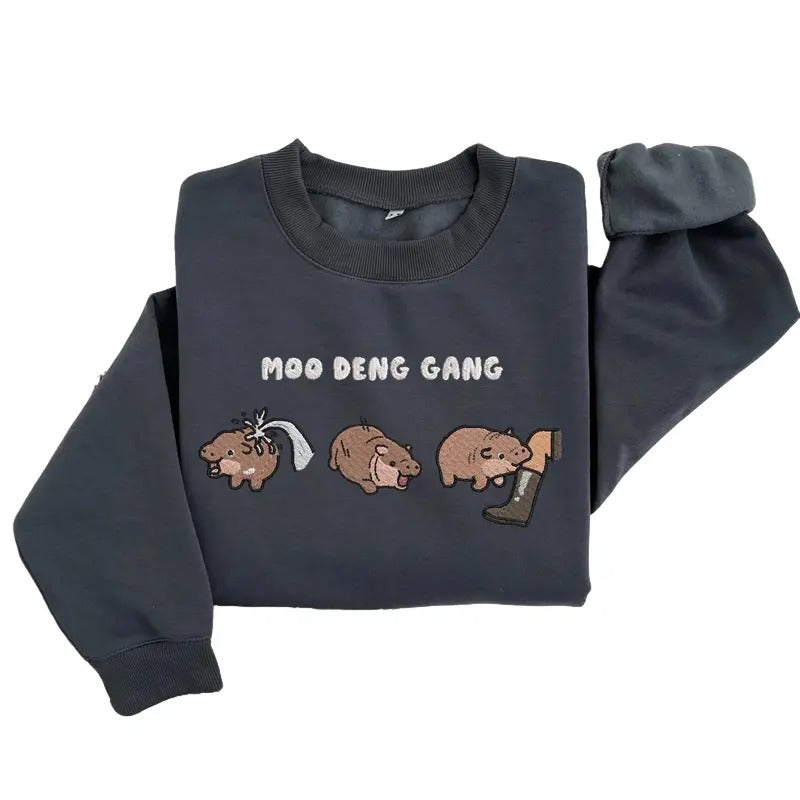 Moo Deng Embroidered Sweatshirt, Moo Deng Gang Sweatshirt, Funny Baby Hippo Moo Deng Gang Embroidered Crewneck Sweatshirt...