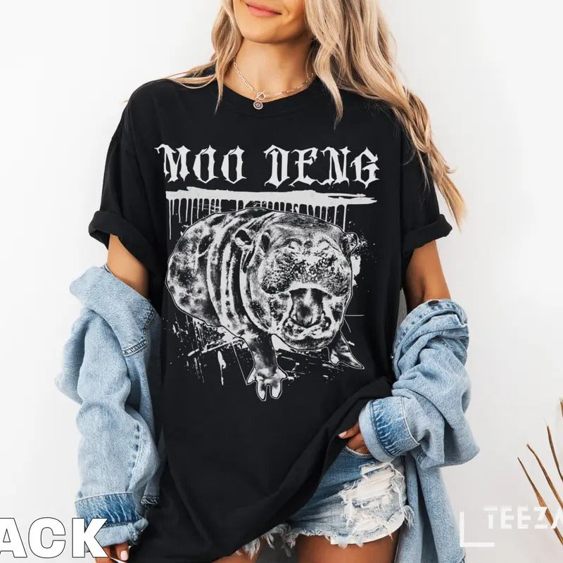 Moo Deng Metal Shirt, Funny Trending Meme T-Shirt, Viral Baby Hippo Tee, Pygmy Hippo Graphic Shirt, Moo Deng Gothic Style...