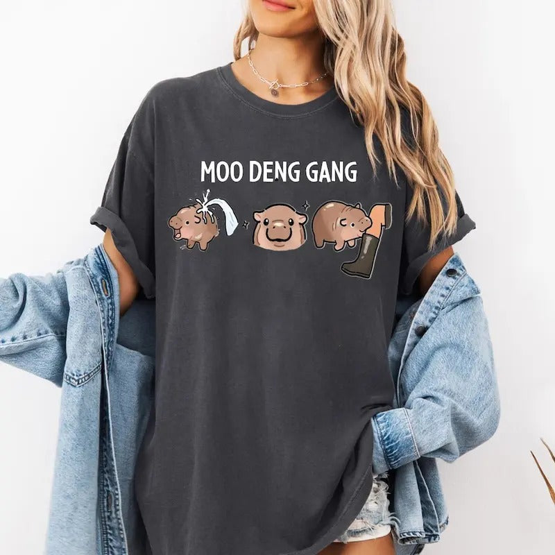 Moo Deng Shirt, Cute Moo Deng Shirt, Funny Baby Hippo Meme Shirt, Funny Gift Idea Cotton Polyester Top Womenswear Light...