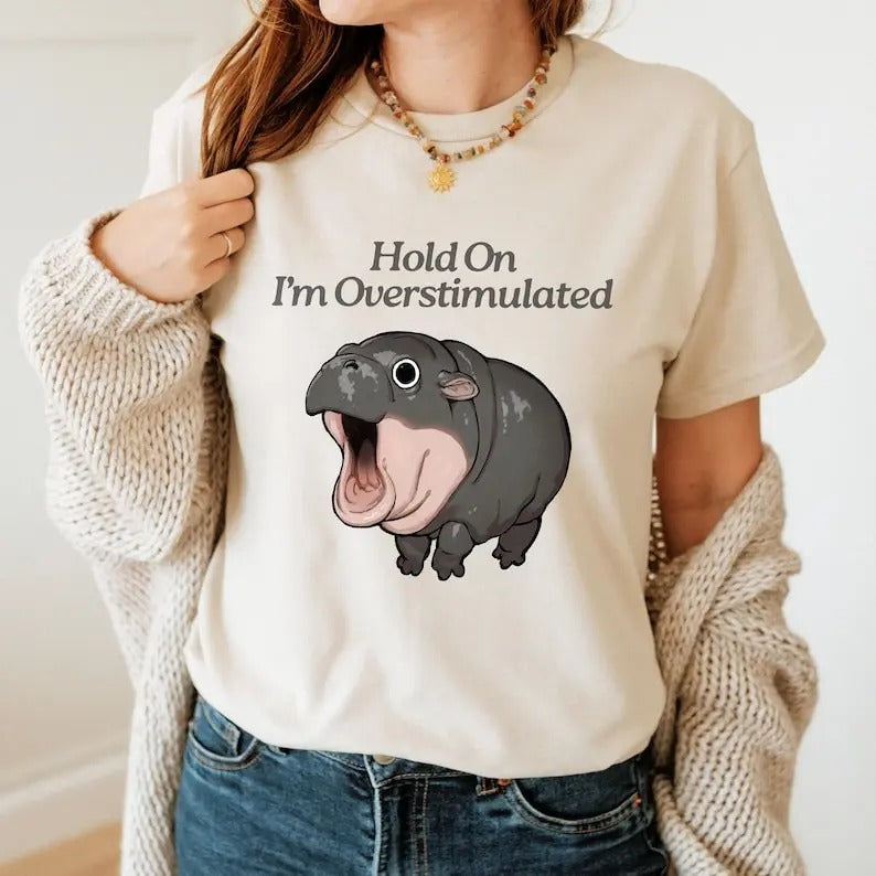 Moo Deng Shirt, Hold On I'm Overstimulated Shirt, Hippo Moo Deng Shirt, Moo Deng Sweatshirt, Cute Moo Deng Shirt, Hippo...