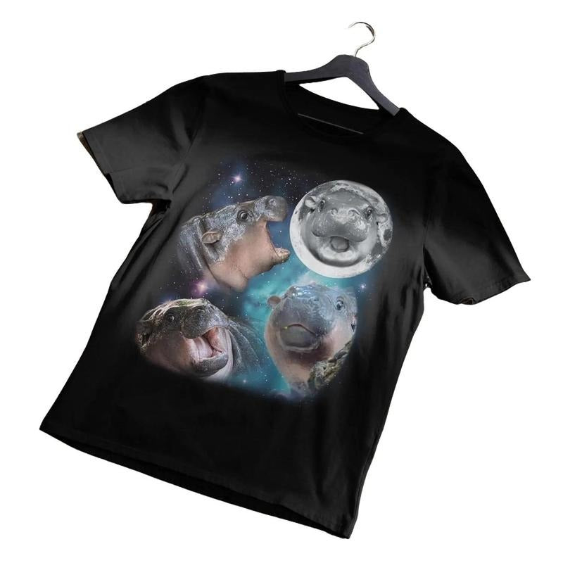 Moodeng Pigmy Hippo Shirt, Three Wolf Moon Style Tshirt, Wildlife Graphic Top, Nature Lover Gift, Unisex Cotton Tee...