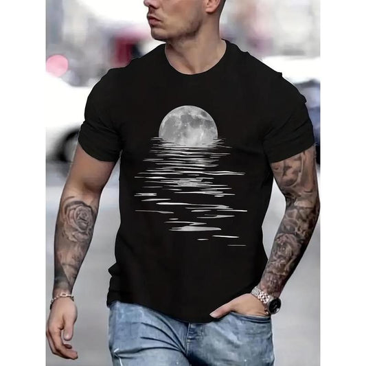 Moon graphic print T-shirt men's casual style summer and autumn slightly elastic round neck T-shirt Made in USA Hoodie,...