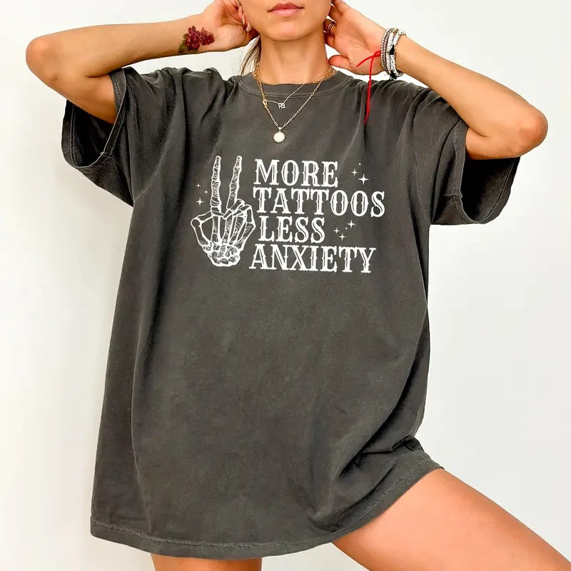 More Tattoos Less Anxiety Shirt, Tattoos Shirt, Funny Sayings Tee For Women, Gothic Skeleton Tattoos Graphic Printed Tee,...