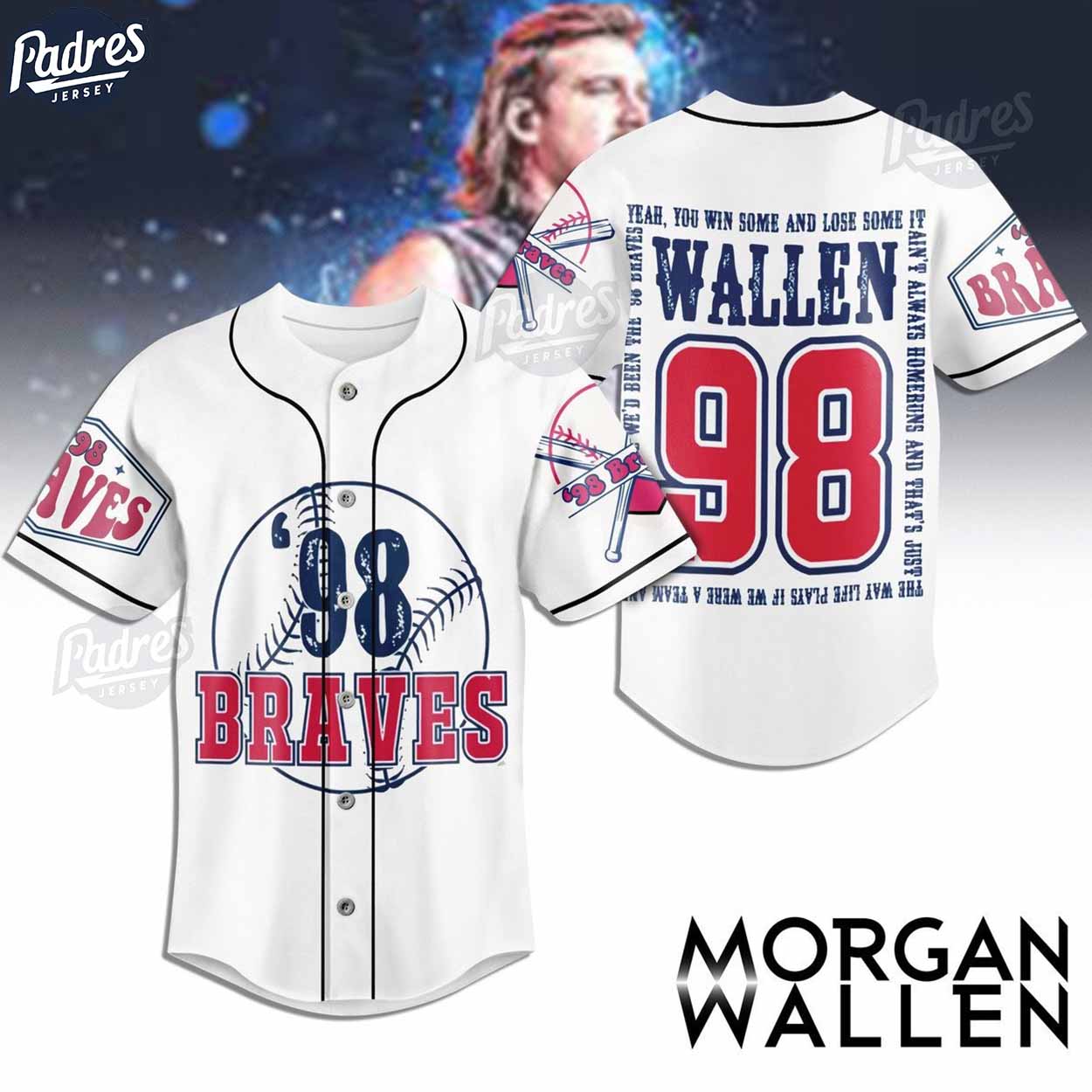 Morgan Wallen 98 Braves Baseball Jersey - Padres Jersey Oasis: Elevate Your Baseball Style Game T-Shirts,... (Image 1)
