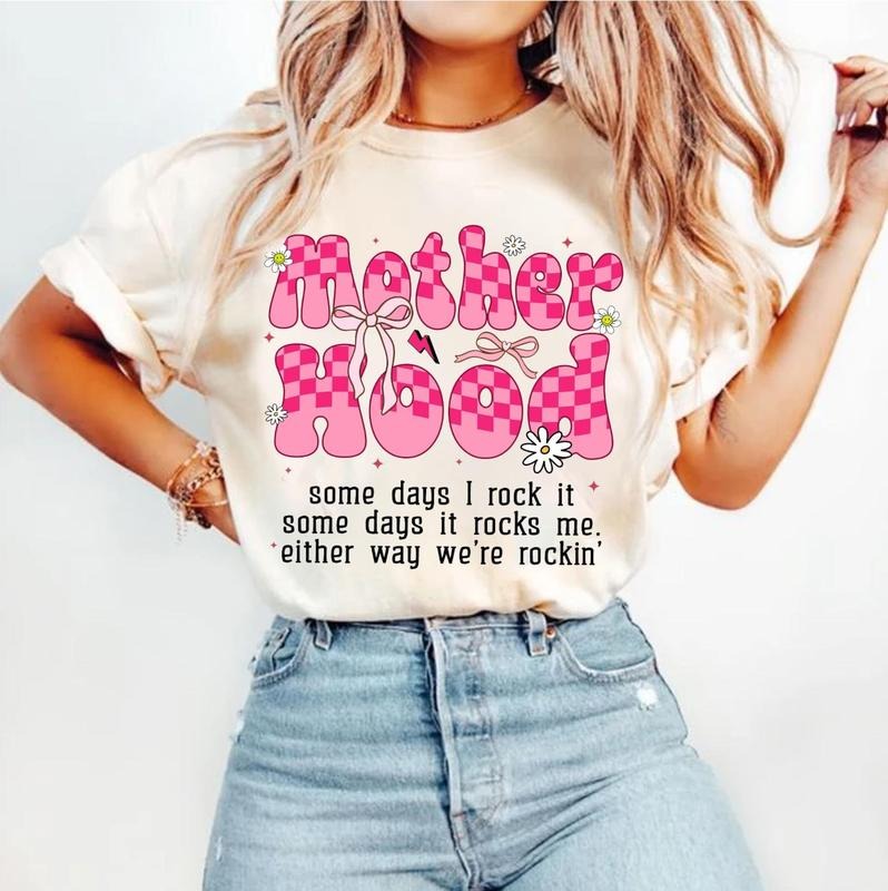 Motherhood Coquette Bow Checker T-Shirt, Retro Mother hood Shirt, Funny Mom Sarcastic Mama Shirt, Retro T-Shirt Mom shirt...