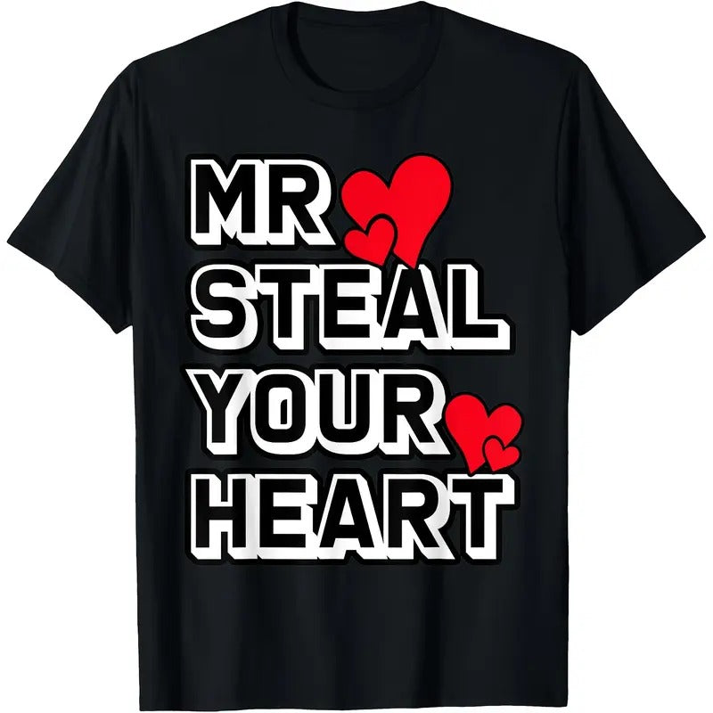 Mr. Steal Your Heart" Valentine's Day Fun T-Shirt - 100% Cotton, Comfort Fit, Short Sleeve, Cartoon Print, Machine...