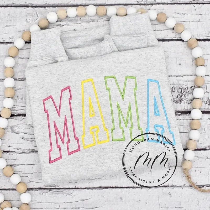 Multi Color Embroidered Mama Sweatshirt, Multi Color Custom Sweatshirt, Womenswear, Comfort Fit, Embroidery Comfortable...
