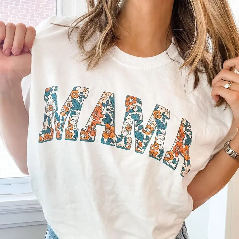 Multi-Floral Print MAMA T-Shirt, T-Shirt, Summer MAMA Top, DTG Printed T-Shirt, Gift for Mom Womenswear Underwear Hoodie,...