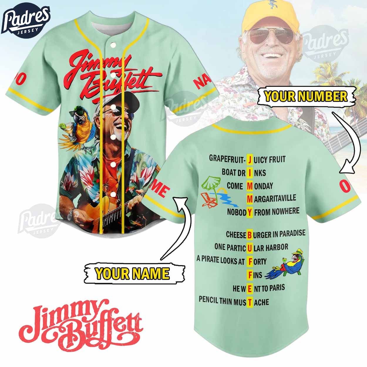 Music Jimmy Buffett Albums Custom Baseball Jersey - Padres Jersey Oasis: Elevate Your Baseball Style Game... (Image 1)
