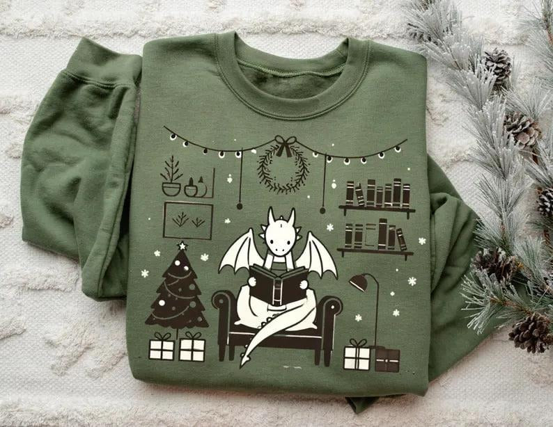 Mystical Bearded Dragon Reading A Book Christmas Sweater, Holiday Dragon Sweatshirt, Cute Dragon Apparel, Dragon Lover...