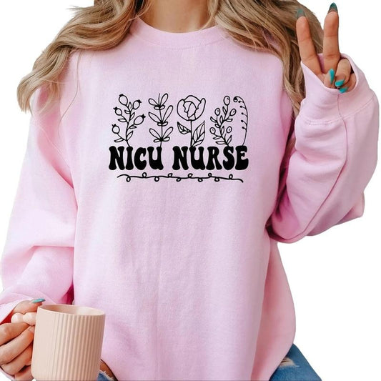 NICU Nurse with flowers Crewneck Sweatshirt T-Shirts, Hoodie | WearSparks.com