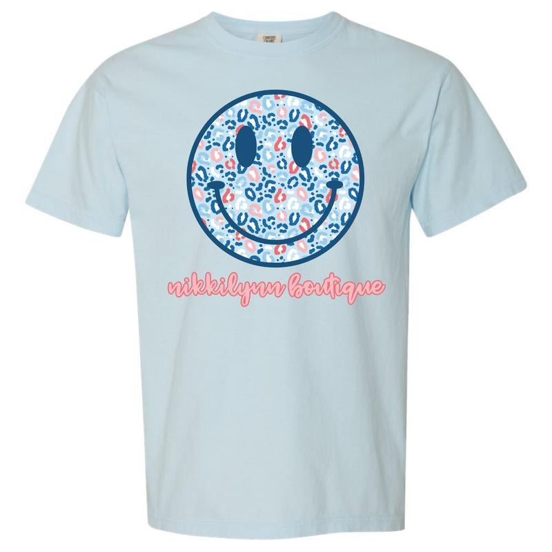 NLB Merch - Blue Patriotic Cheetah Happy Face Comfort Colors T-Shirt Hoodie, Sweatshirt | WearSparks.com