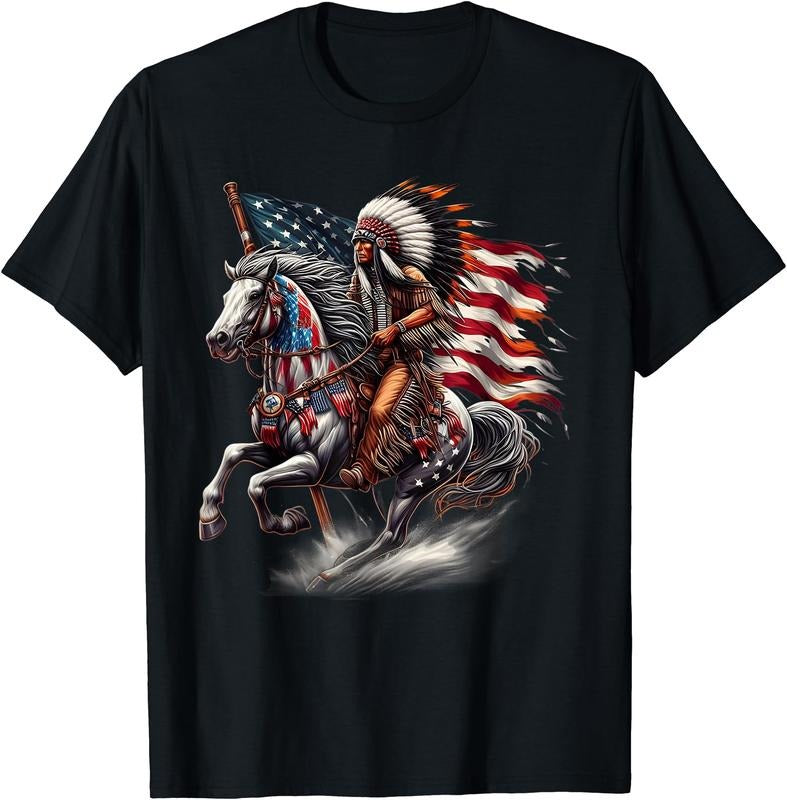 Native American Day Flag Indian Riding Horse 4th of July T-Shirt | Unisex Cotton Tee Gift, Crewneck, Short Sleeve Hoodie,...