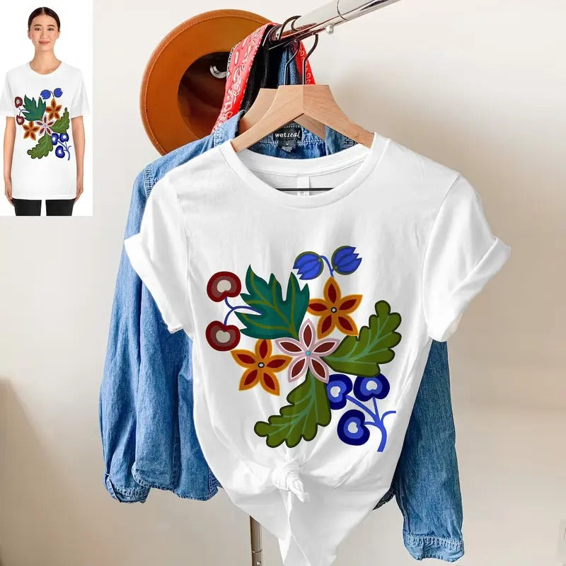 Native American Style Floral T-Shirt, Native American inspired Sweatshirt, Inspired 1800s Ojibwe Bandolier Bags by Unisex...