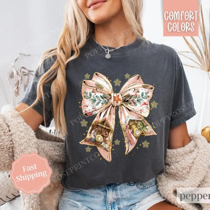 Nativity Bow Christmas Shirt , Religious Christmas Tee, Women's Holiday Tshirt Hoodie, Sweatshirt | WearSparks.com